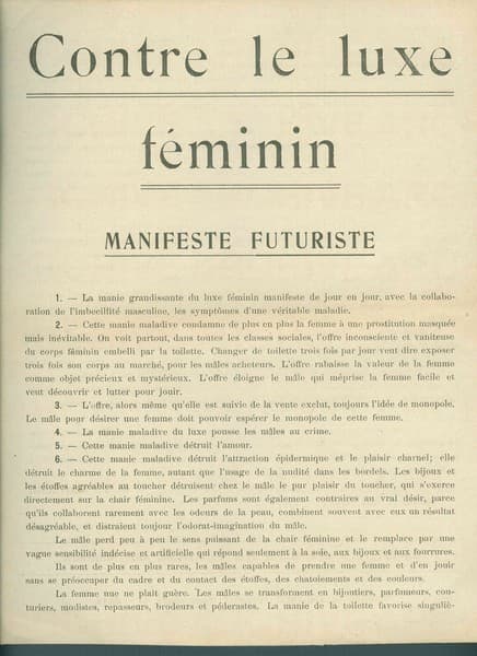 Manifesto futurista Contre le luxe Féminin