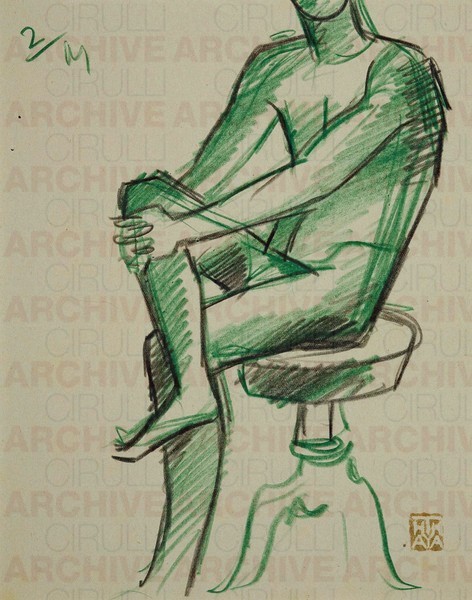Figura maschile seduta con gamba accavallata