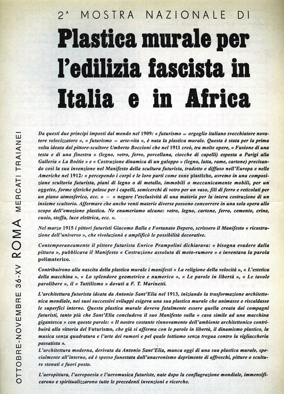 II Mostra Nazionale di “Plastica murale per l’edilizia fascista in Italia e in Africa” - Roma, Mercati Traianei
1/2